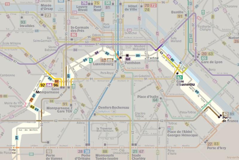 O mapa de Paris de ônibus 92 rota