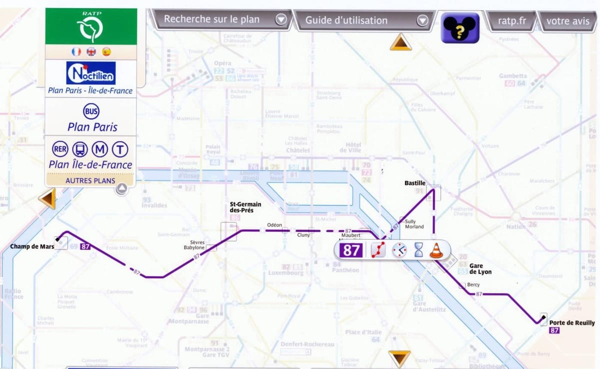 O mapa de Paris rota de ônibus 87 