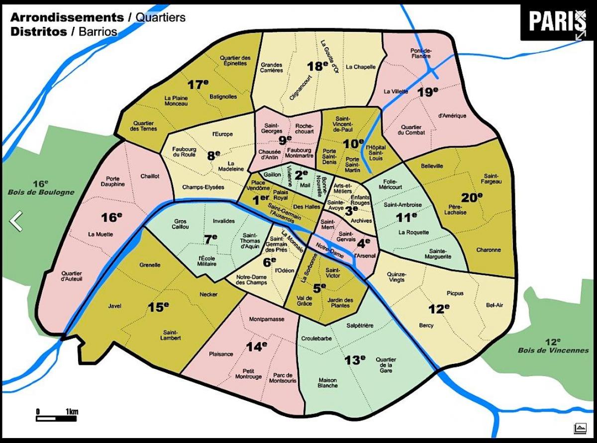 O mapa de Paris com arrondissement áreas