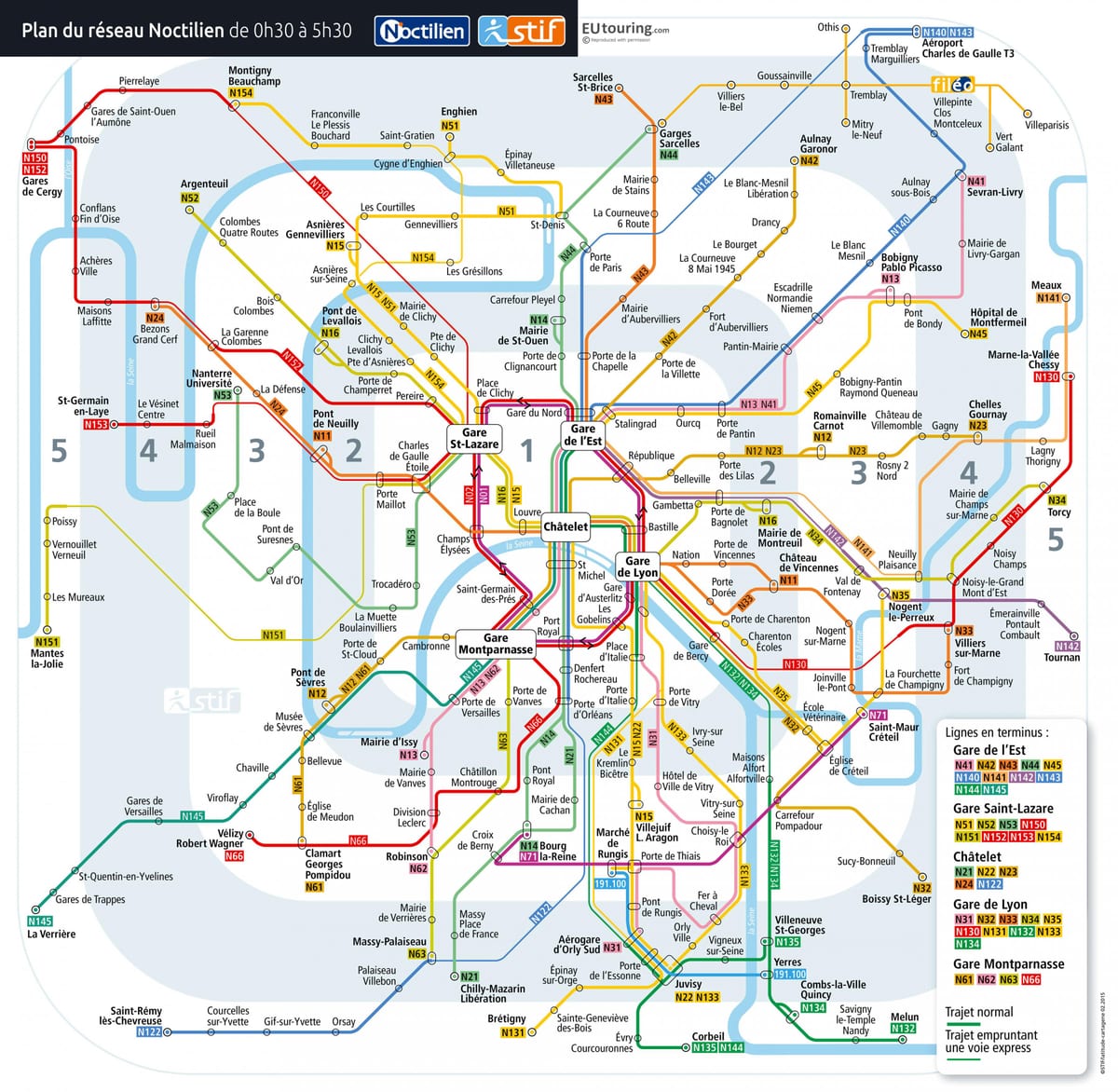 O mapa de Paris noite de ônibus